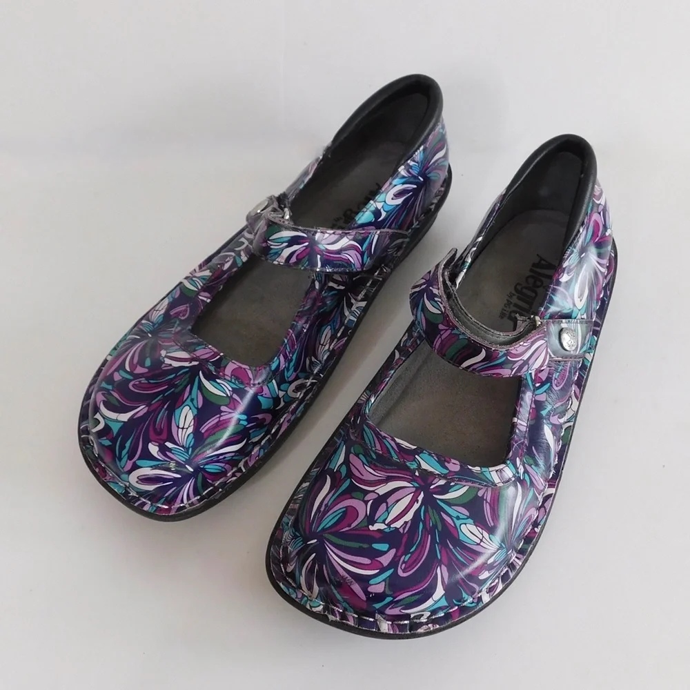 ALEGRIA Bel Mary Janes Purple Swirl Hook and Loop Shoes Comfort Walking ~ 38